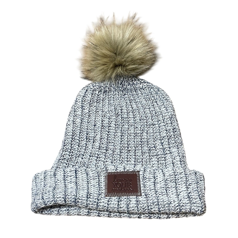 LOVE YOUR MELON Blue Cuffed Pom Pom Cotton OVERSIZED Beanie Hat Leather Patch